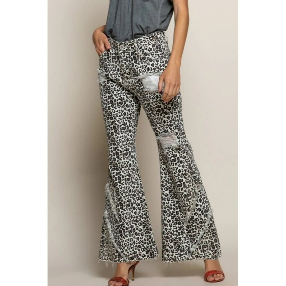 POL Denim Flare Leopard Cream jeans